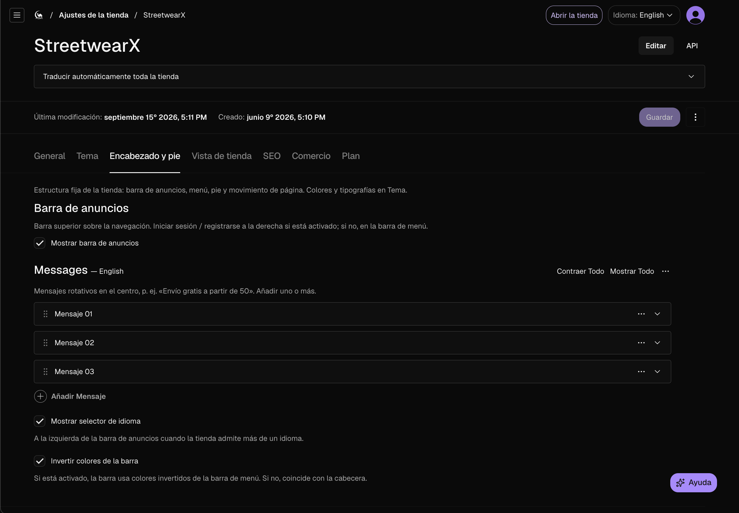 Configuración de la tienda